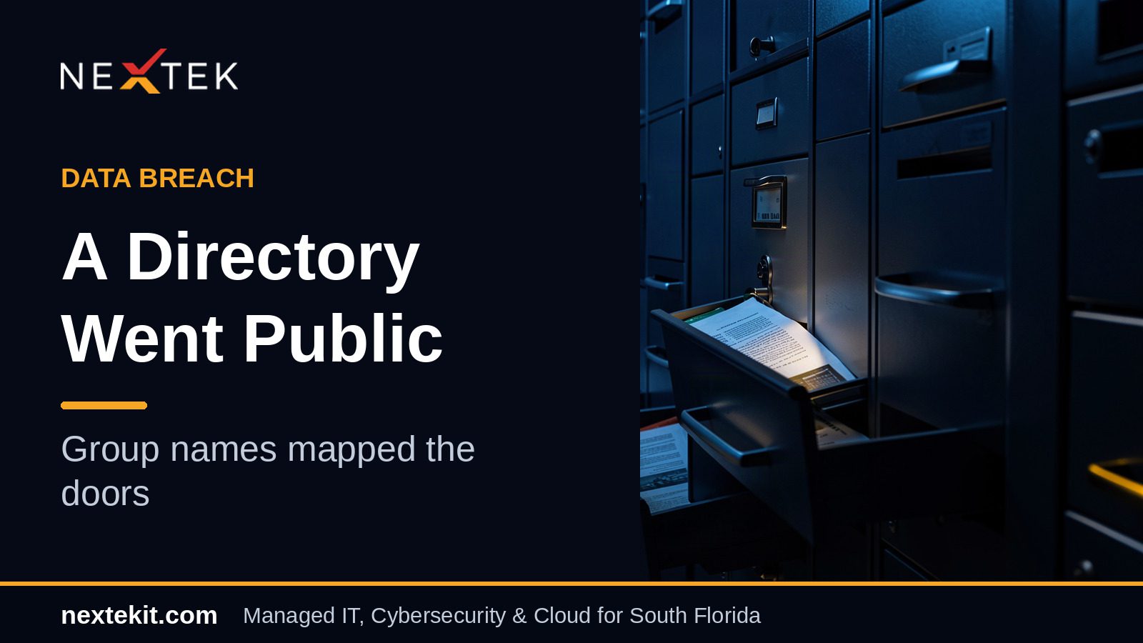 Homeland Security data breach: filing cabinets spilling personnel records under a cold blue searchlight