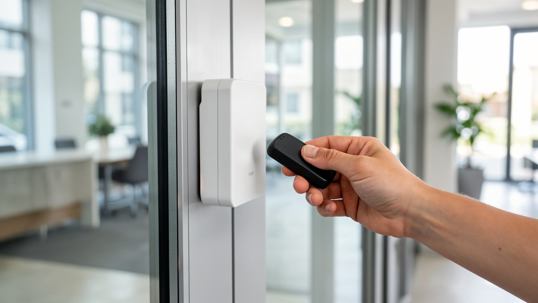 Employee presenting a key fob to an access control card reader at an office door