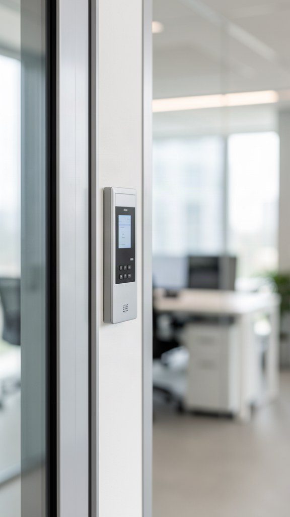 Wall mounted access control reader beside a glass office door