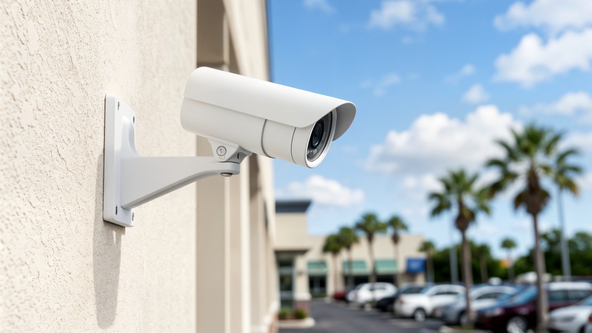 Security camera systems installed on the exterior of a commercial building