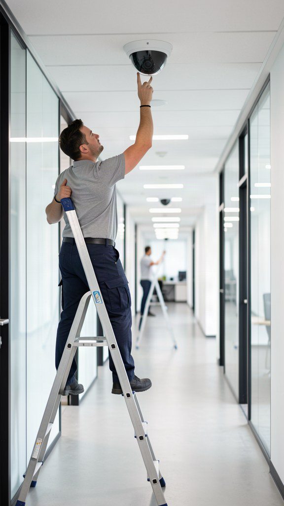 Technician adjusting a ceiling mounted dome security camera in an office