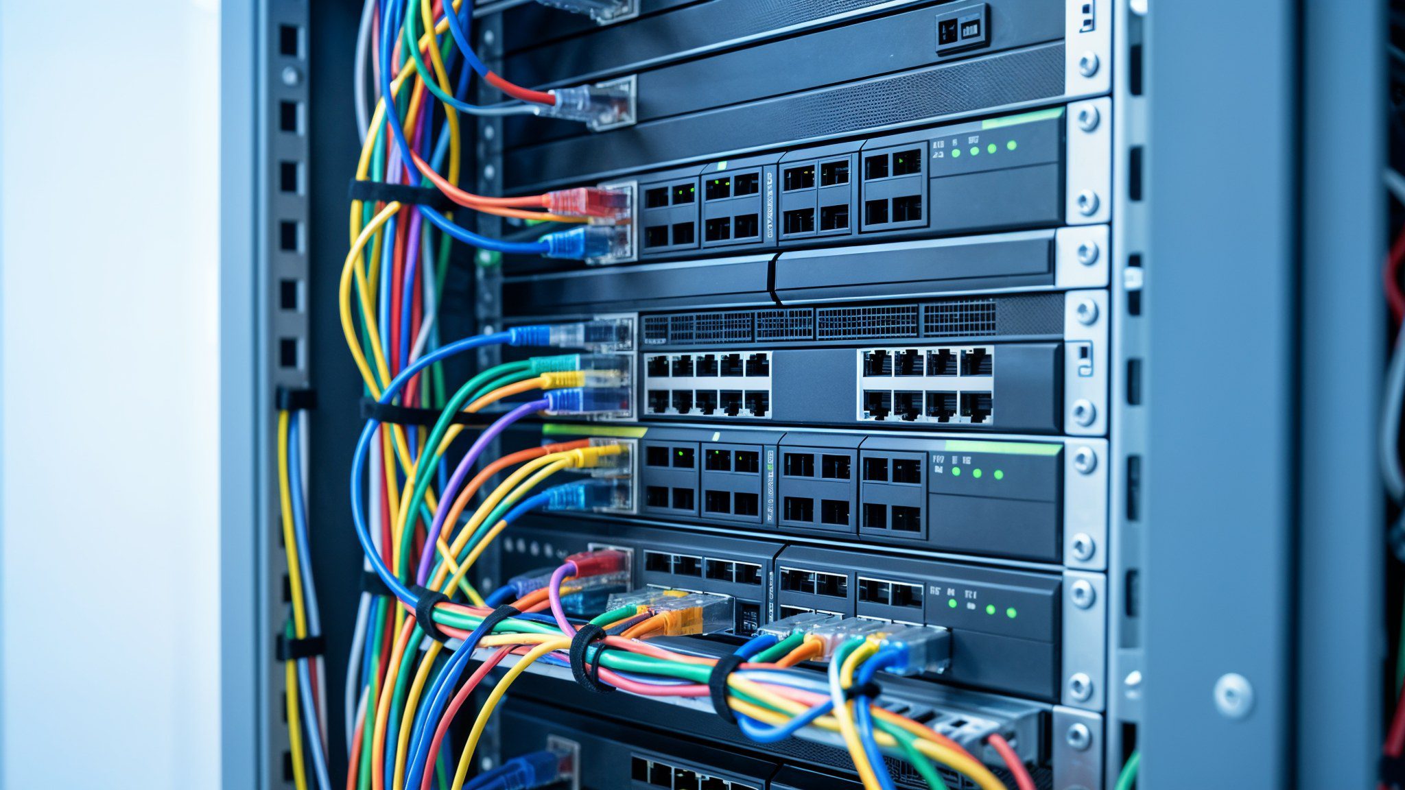 Neatly organized structured cabling patch panel and network rack