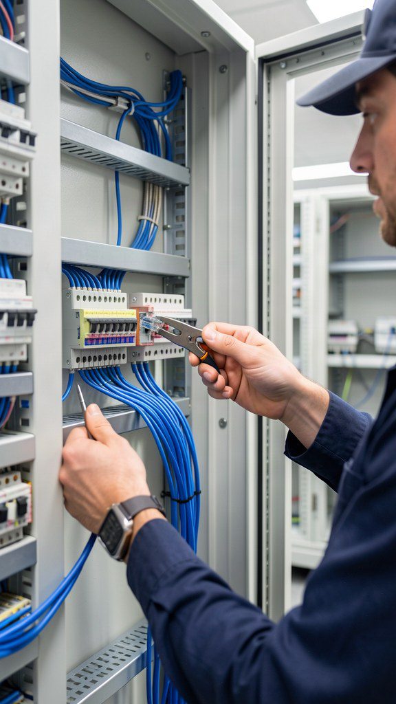 Technician terminating network cables into a structured cabling panel